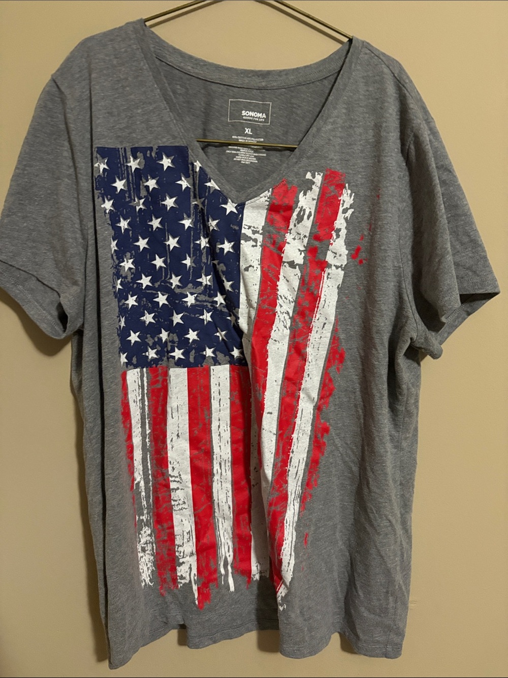 Sonoma Gray Short Sleeve V-Neck Tee with Distressed American Flag